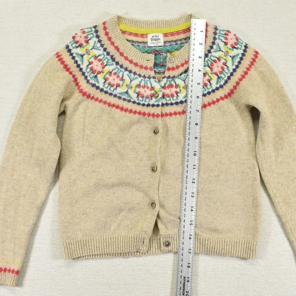Mini Boden Girls Fair Isle Cardigan Sweater Oatmeal Beige Yoke Button Front 9-10